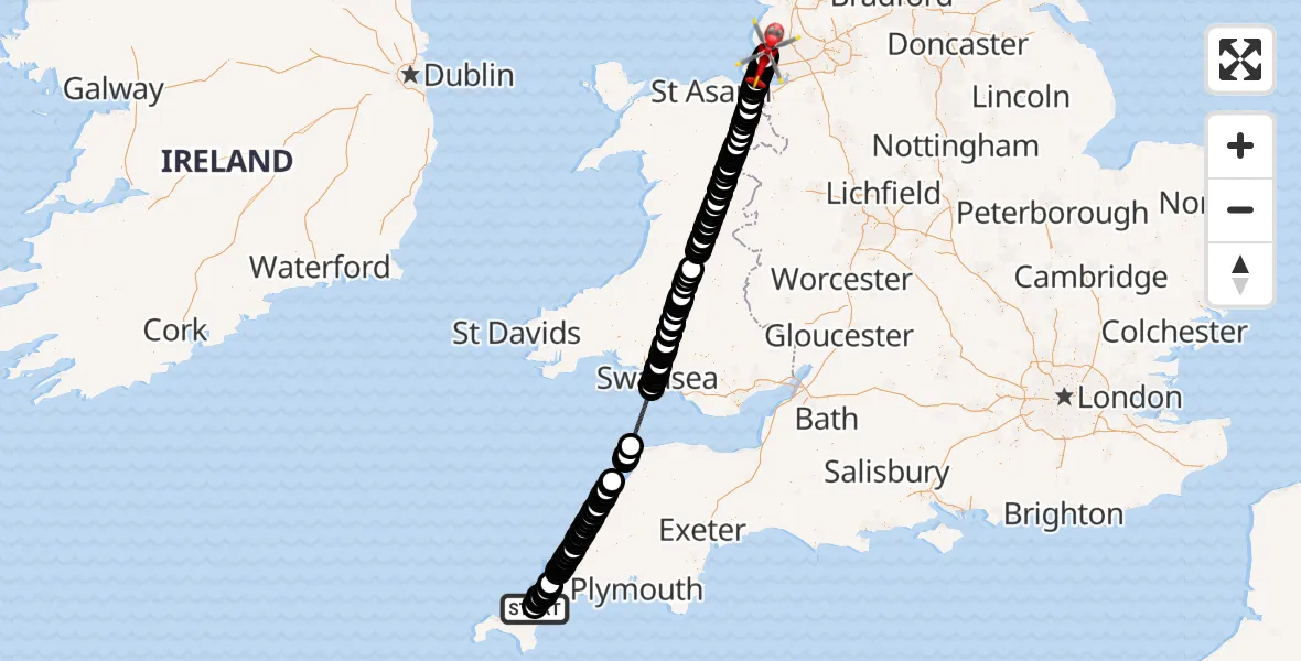 Flight route Air Ambulance Helicopter Treliske Hospital - Fazakerley, 22 July 2026, 14:07