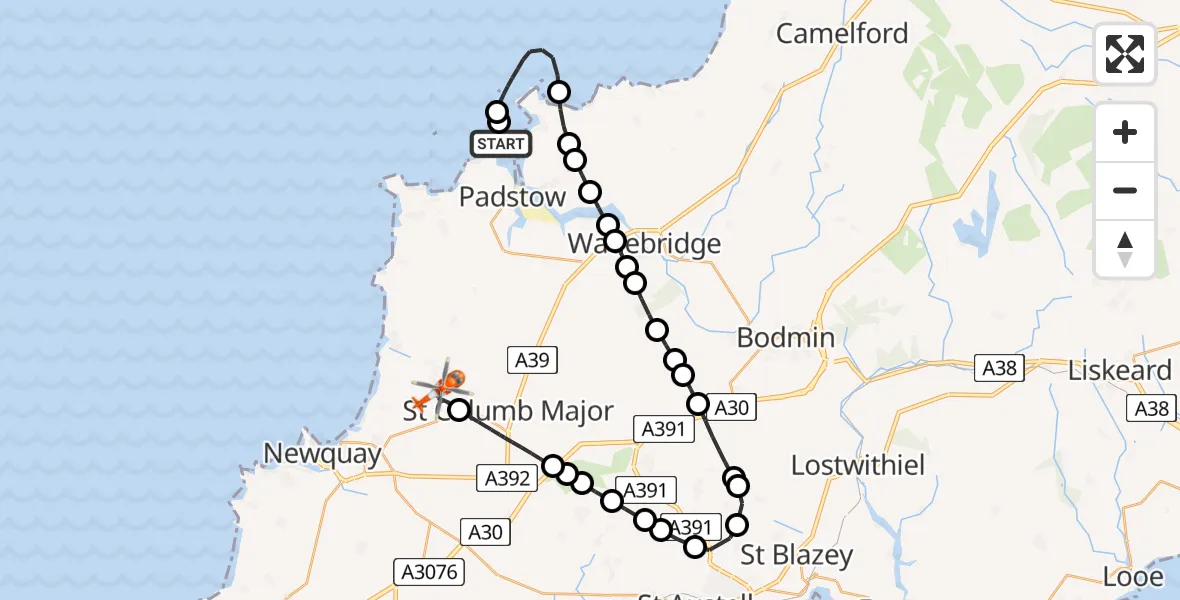 Flight route Coastguard Helicopter Padstow - Cornwall Airport Newquay, 22 July 2026, 14:09