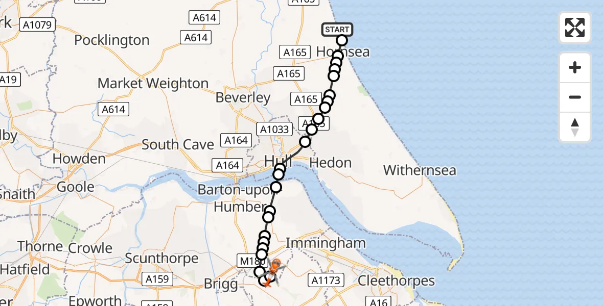 Flight route Coastguard Helicopter Atwick - Humberside Airport, 22 July 2026, 14:22