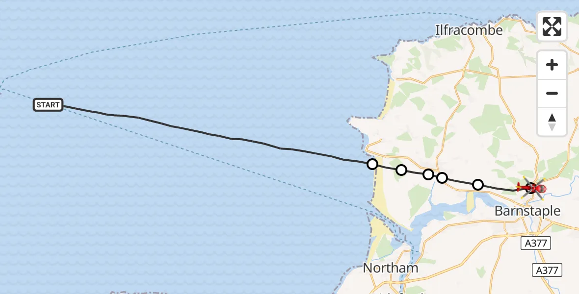 Flight route Air Ambulance Helicopter Bristol Channel - North Devon, 22 July 2026, 14:33