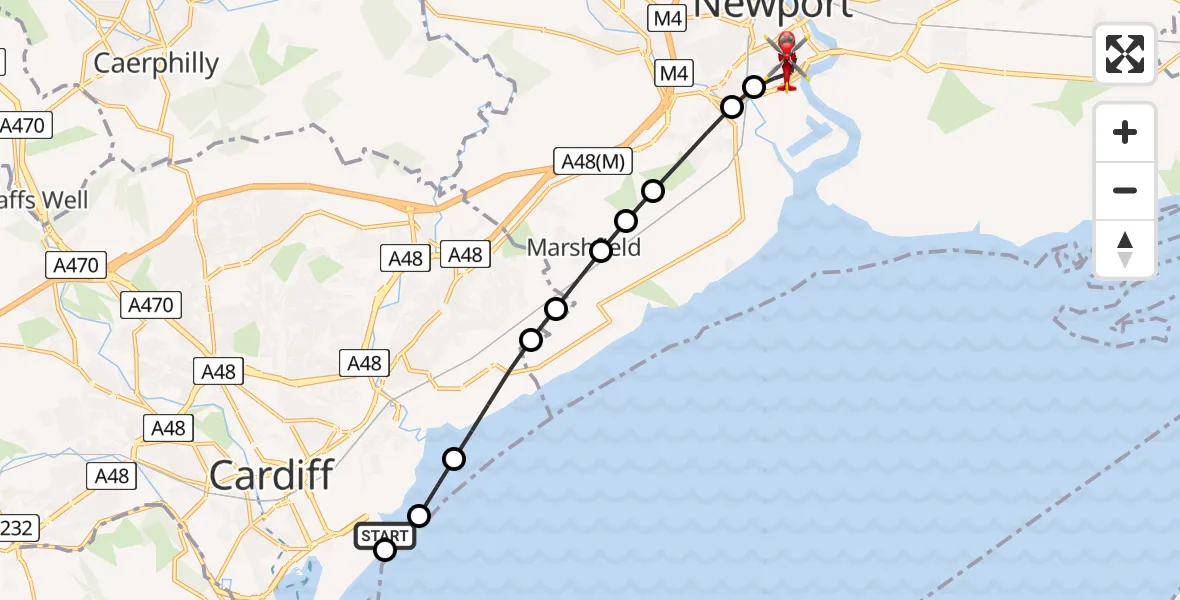 Flight route Air Ambulance Helicopter Cardiff Heliport - Pillgwenlly, 22 July 2026, 14:33