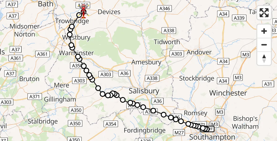 Flight route Air Ambulance Helicopter University Hospital Southampton - Wiltshire Air Ambulance, 22 July 2026, 14:50
