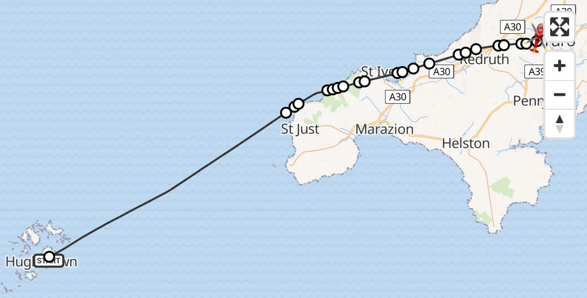 Flight route Air Ambulance Helicopter St. Mary's Airport - Treliske Hospital, 22 July 2026, 14:51