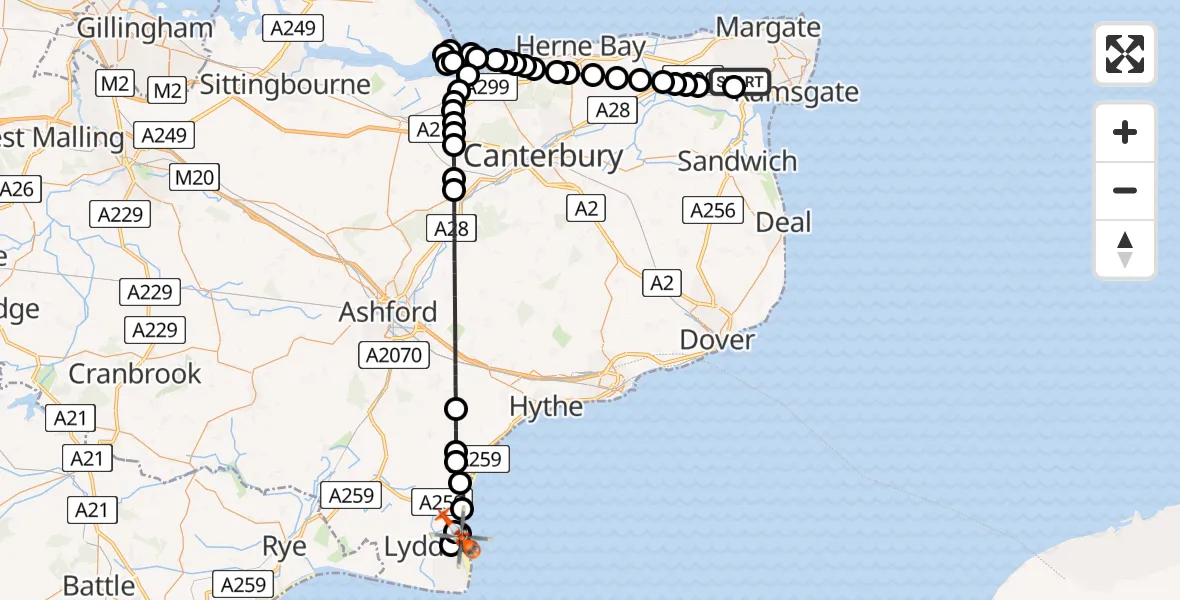 Flight route Coastguard Helicopter Manston Airport - Lydd, 22 July 2026, 14:52