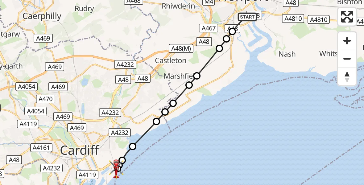 Flight route Air Ambulance Helicopter Pillgwenlly - Cardiff Heliport, 22 July 2026, 15:00