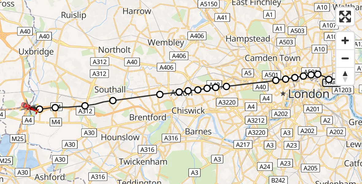 Flight route Air Ambulance Helicopter Royal London Hospital - Harmondsworth, 22 July 2026, 15:08