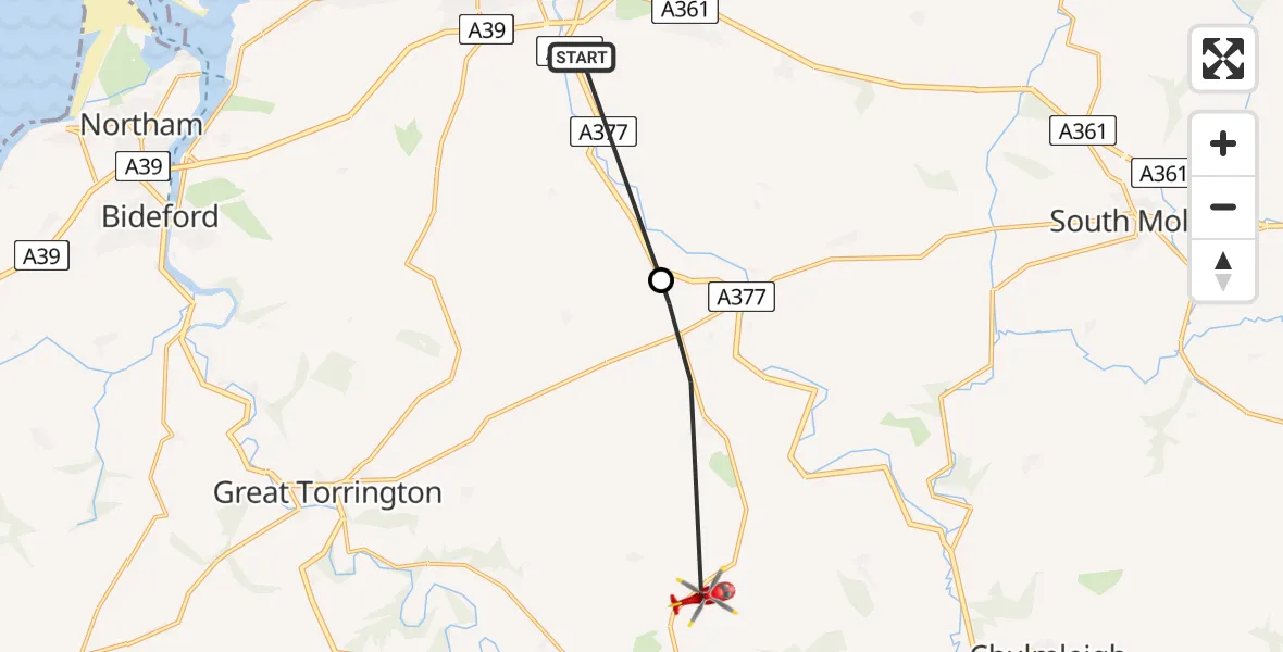 Flight route Air Ambulance Helicopter Bishop's Tawton - Roborough, 22 July 2026, 15:13