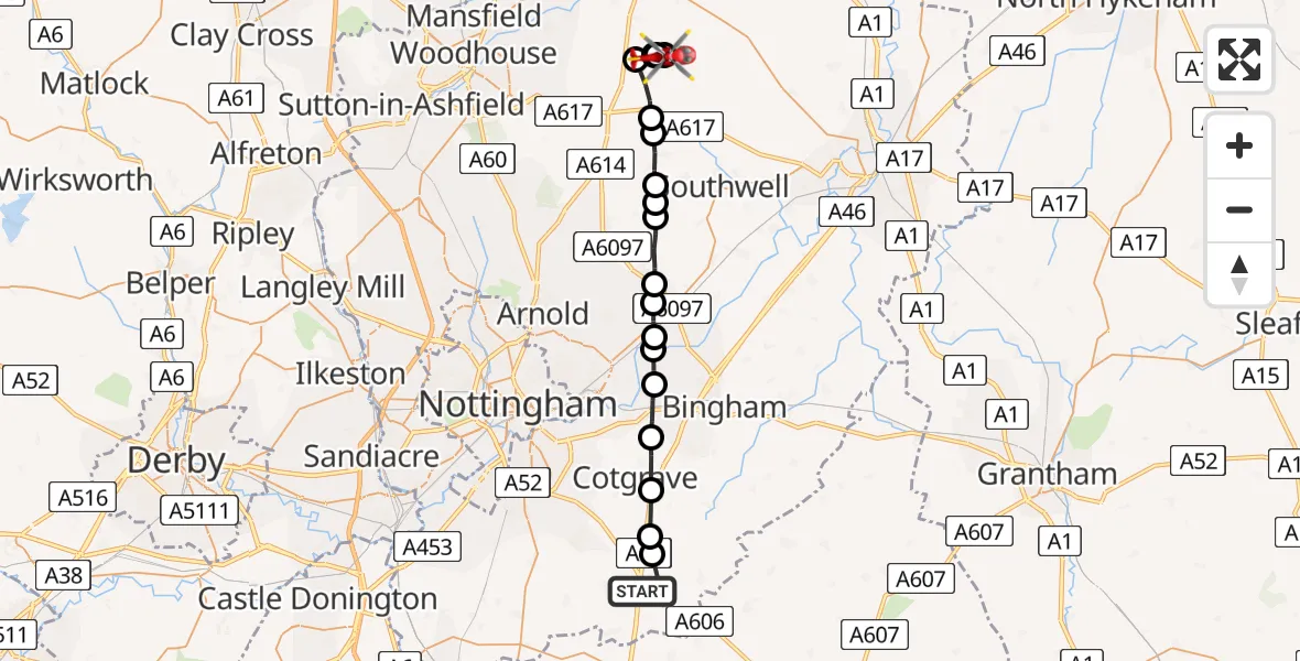 Flight route Air Ambulance Helicopter Hickling - Eakring CP, 22 July 2026, 15:24