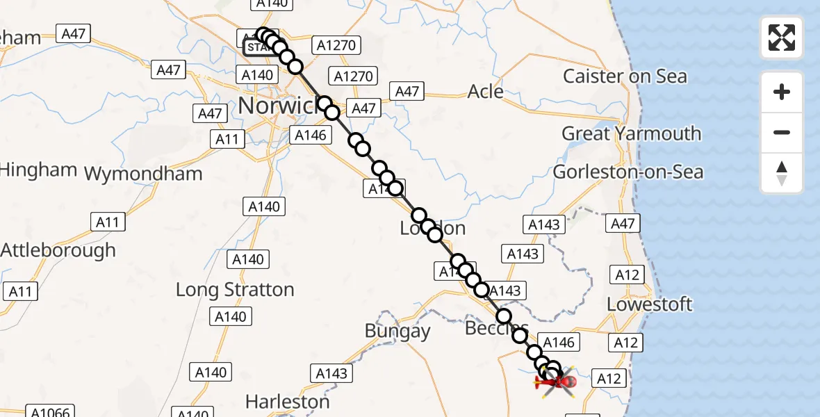 Flight route Air Ambulance Helicopter Norwich Airport - Sotterley, 22 July 2026, 15:29