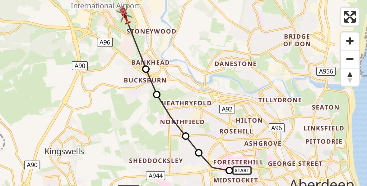 Flight route Air Ambulance Helicopter Aberdeen Royal Infirmary Helistrip - Aberdeen International Airport, 22 July 2026, 15:32