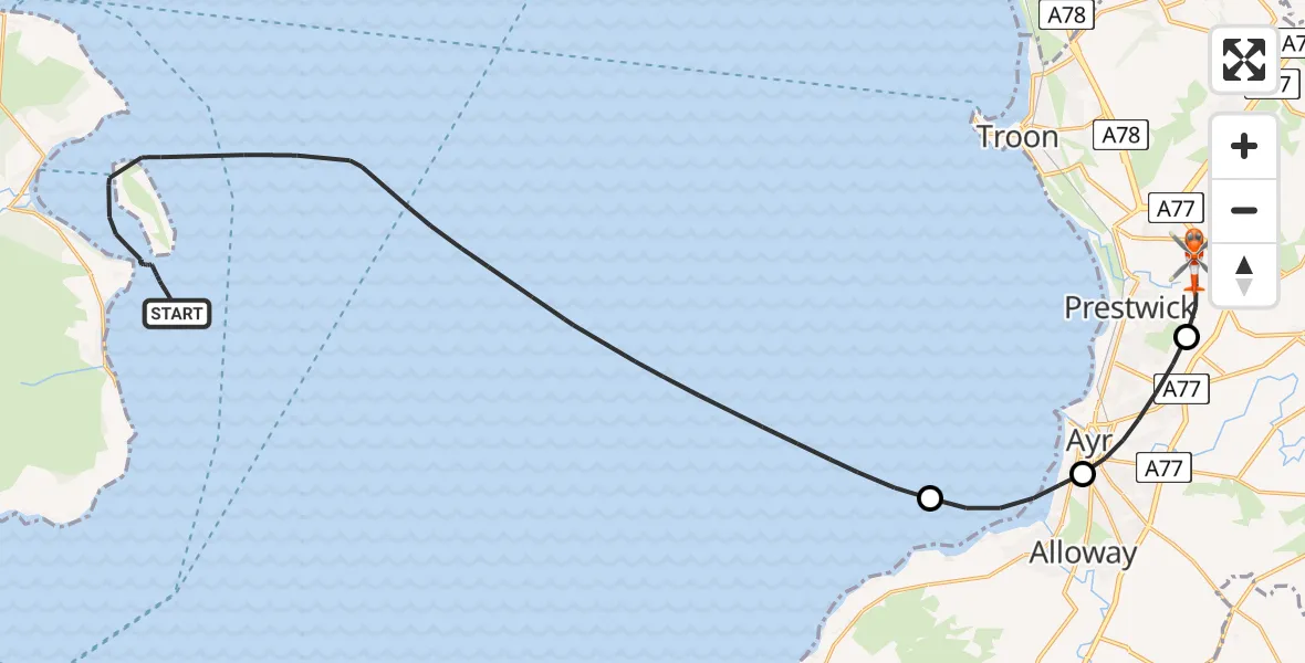 Flight route Coastguard Helicopter Inner Seas - Glasgow Prestwick Airport, 22 July 2026, 15:44