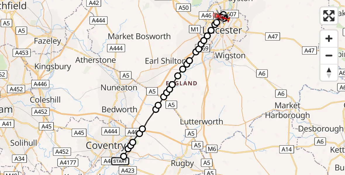 Flight route Air Ambulance Helicopter Coventry Airport - Mowmacre Hill, 22 July 2026, 15:54
