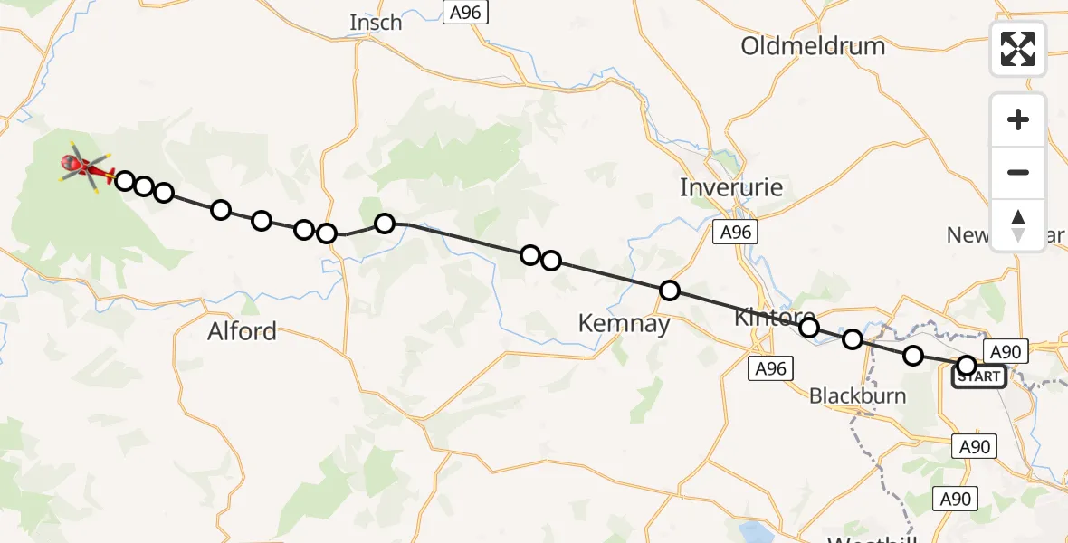 Flight route Air Ambulance Helicopter Aberdeen International Airport - Aberdeenshire, 22 July 2026, 16:07