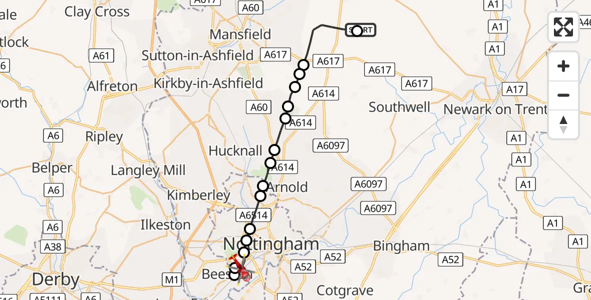 Flight route Air Ambulance Helicopter Eakring CP - City of Nottingham, 22 July 2026, 16:07
