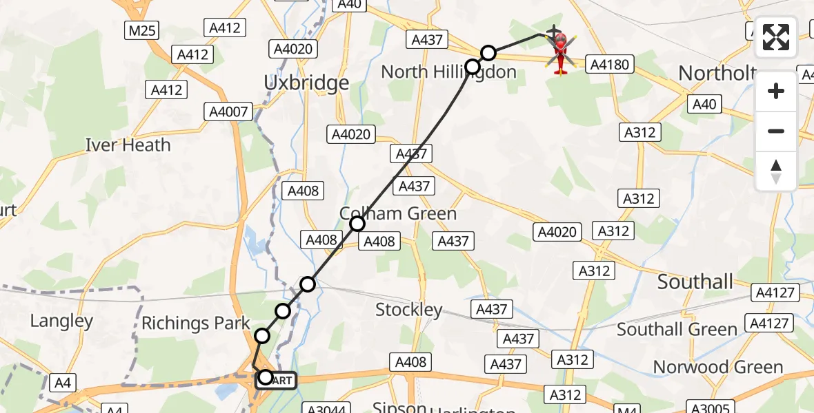 Flight route Air Ambulance Helicopter Colnbrook with Poyle - RAF Northolt, 22 July 2026, 16:07