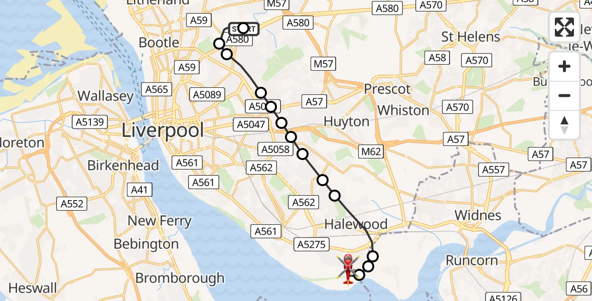 Flight route Air Ambulance Helicopter Fazakerley - Liverpool John Lennon Airport, 22 July 2026, 16:14