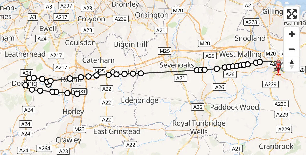 Flight route Air Ambulance Helicopter Redhill Aerodrome - Maidstone, 22 July 2026, 16:17