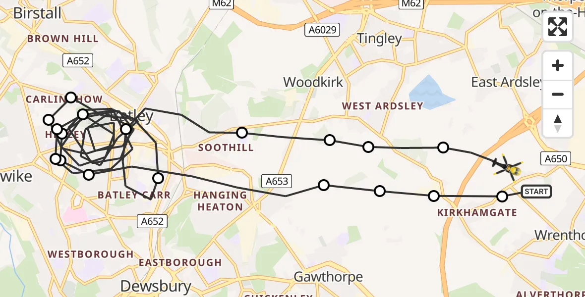 Flight route Police Helicopter Wrenthorpe - East Ardsley, 22 July 2026, 16:23