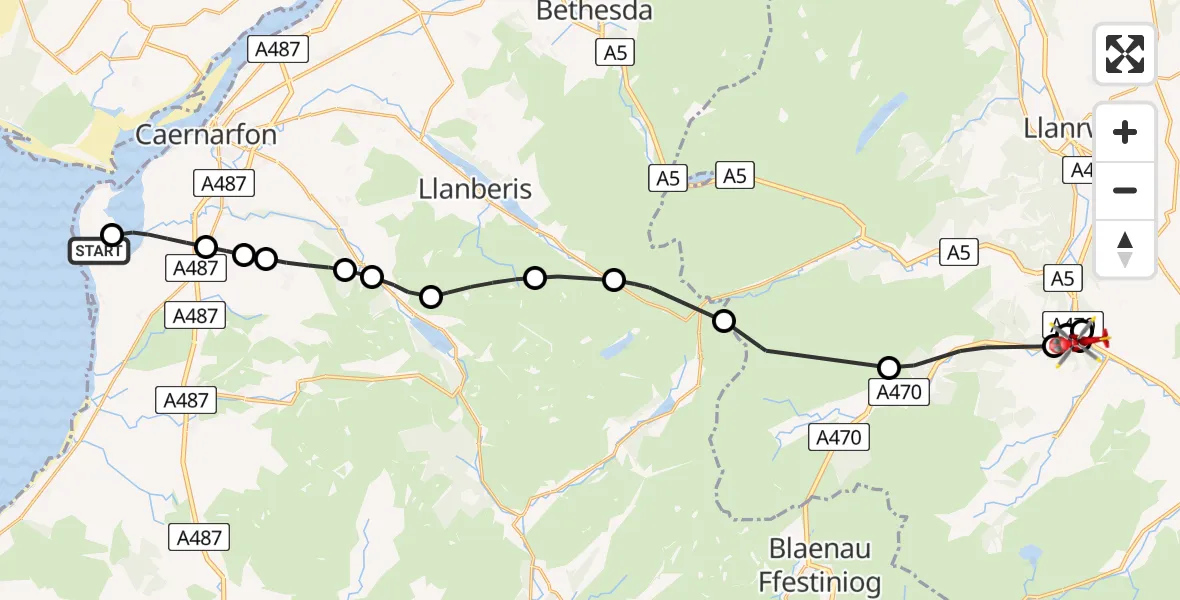 Flight route Air Ambulance Helicopter Caernarfon Airport - Bro Machno, 22 July 2026, 16:29