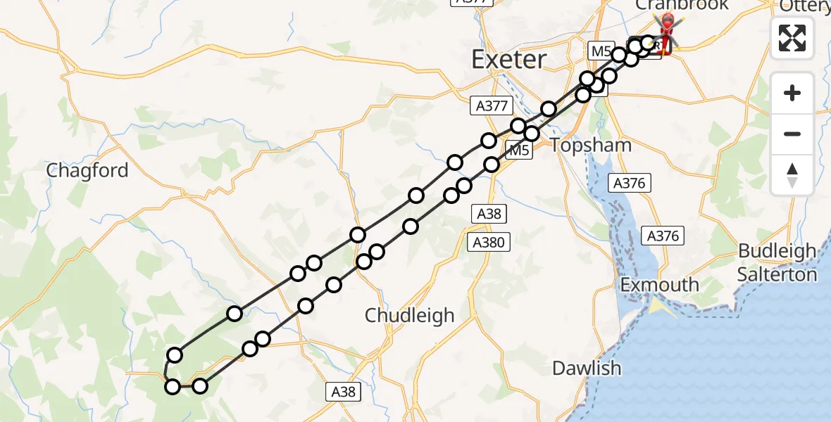 Flight route Air Ambulance Helicopter Exeter International Airport - Exeter International Airport, 22 July 2026, 16:30