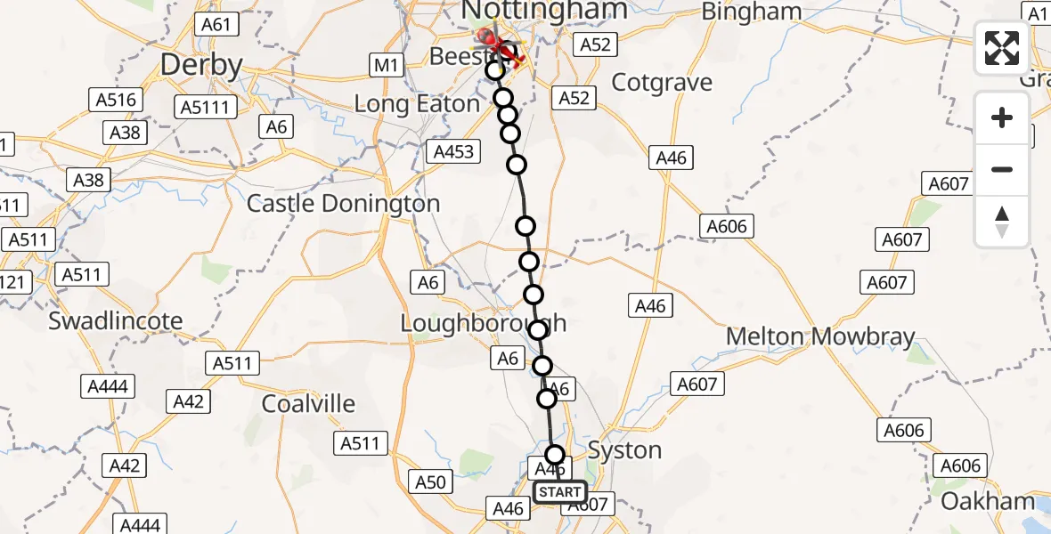 Flight route Air Ambulance Helicopter Birstall - City of Nottingham, 22 July 2026, 16:31