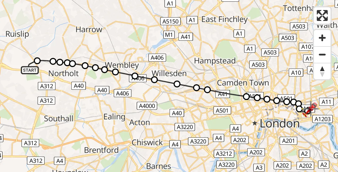 Flight route Air Ambulance Helicopter RAF Northolt - Royal London Hospital, 22 July 2026, 16:32