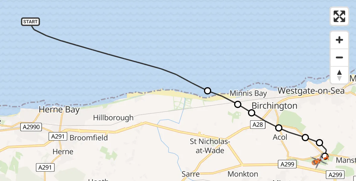 Flight route Coastguard Helicopter North Sea - Manston Airport, 22 July 2026, 16:38