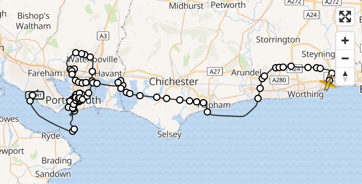 Flight route Police Aircraft Solent Airport - Brighton City Airport, 22 July 2026, 16:41