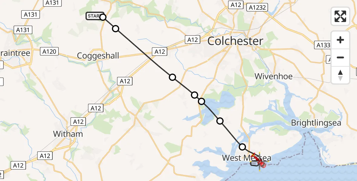Flight route Air Ambulance Helicopter Earls Colne Airfield - West Mersea, 22 July 2026, 16:43