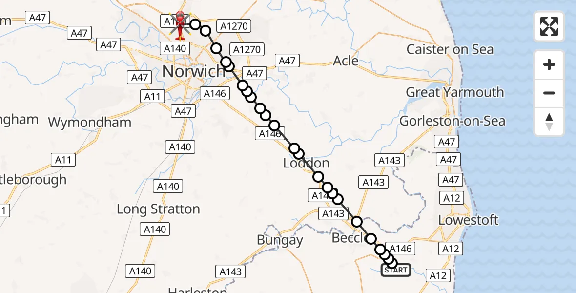 Flight route Air Ambulance Helicopter East Suffolk - Norwich Airport, 22 July 2026, 16:49