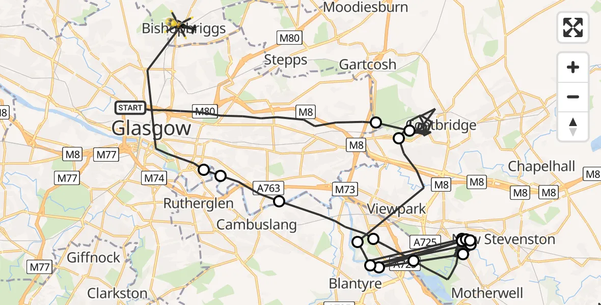 Flight route Police Helicopter Glasgow - Bishopbriggs, 22 July 2026, 16:50