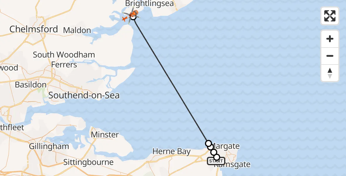 Flight route Coastguard Helicopter Manston Airport - West Mersea, 22 July 2026, 16:58