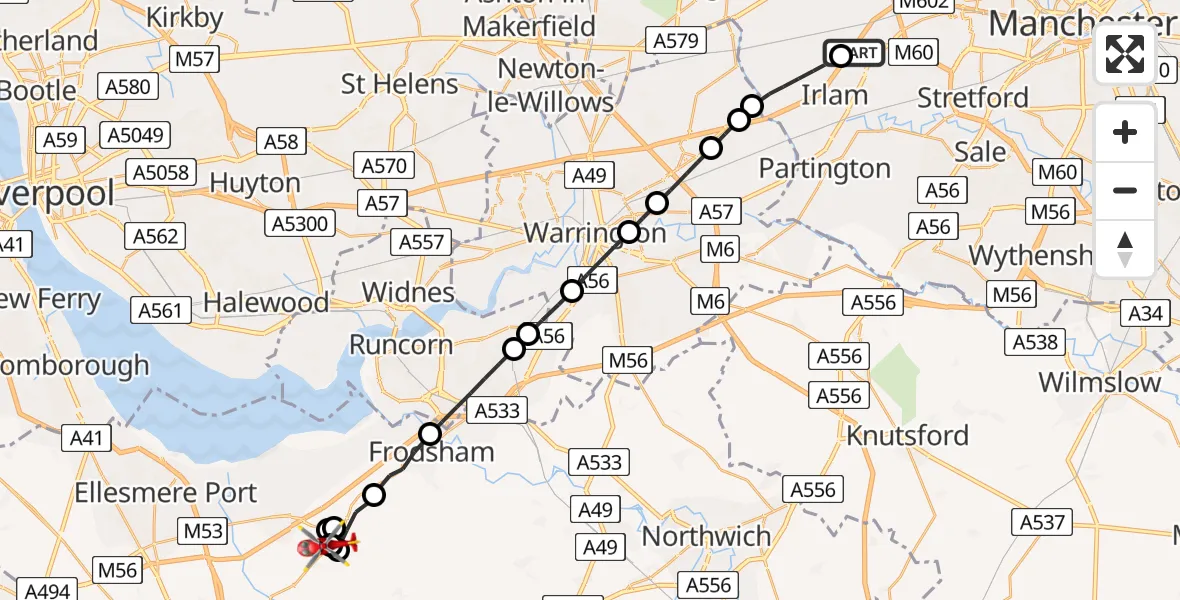Flight route Air Ambulance Helicopter Irlam - Dunham on the Hill, 22 July 2026, 17:09