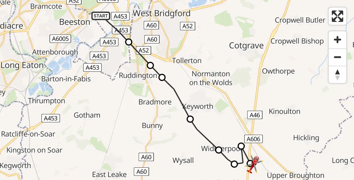 Flight route Air Ambulance Helicopter City of Nottingham - Nottingham Heliport, 22 July 2026, 17:15