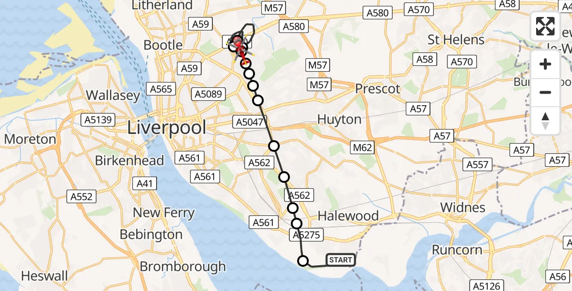 Flight route Air Ambulance Helicopter Liverpool John Lennon Airport - West Derby, 22 July 2026, 17:15