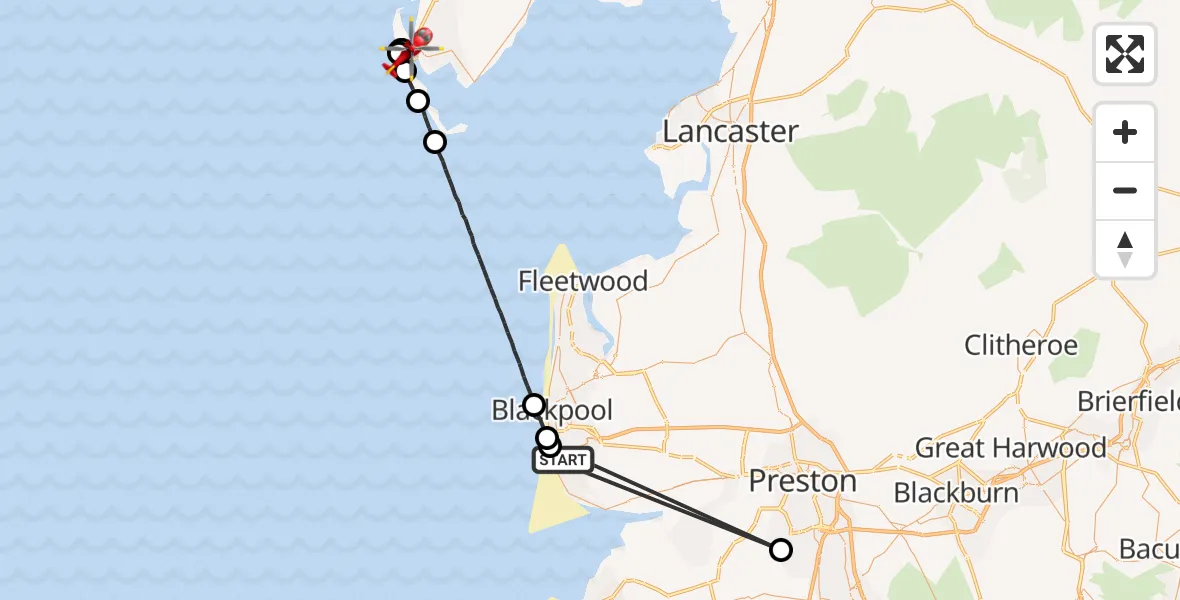 Flight route Air Ambulance Helicopter Blackpool Airport - Barrow-in-Furness, 22 July 2026, 17:30