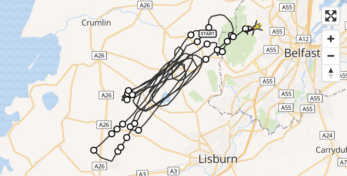 Flight route Police Helicopter Lisburn and Castlereagh District - Belfast City District, 22 July 2026, 17:36