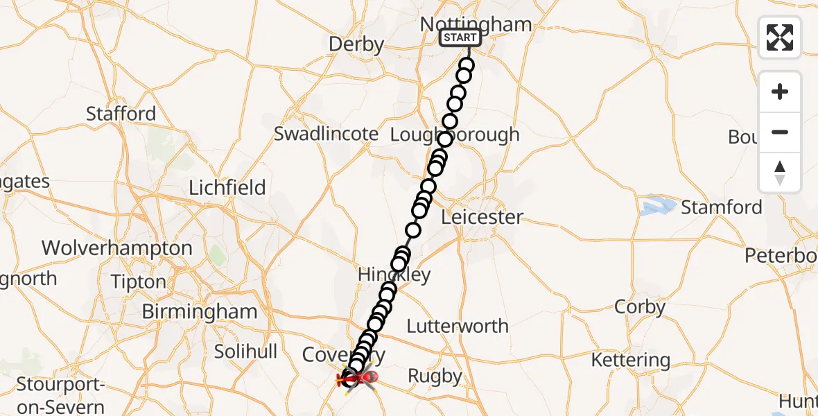 Flight route Air Ambulance Helicopter City of Nottingham - Coventry Airport, 22 July 2026, 17:36