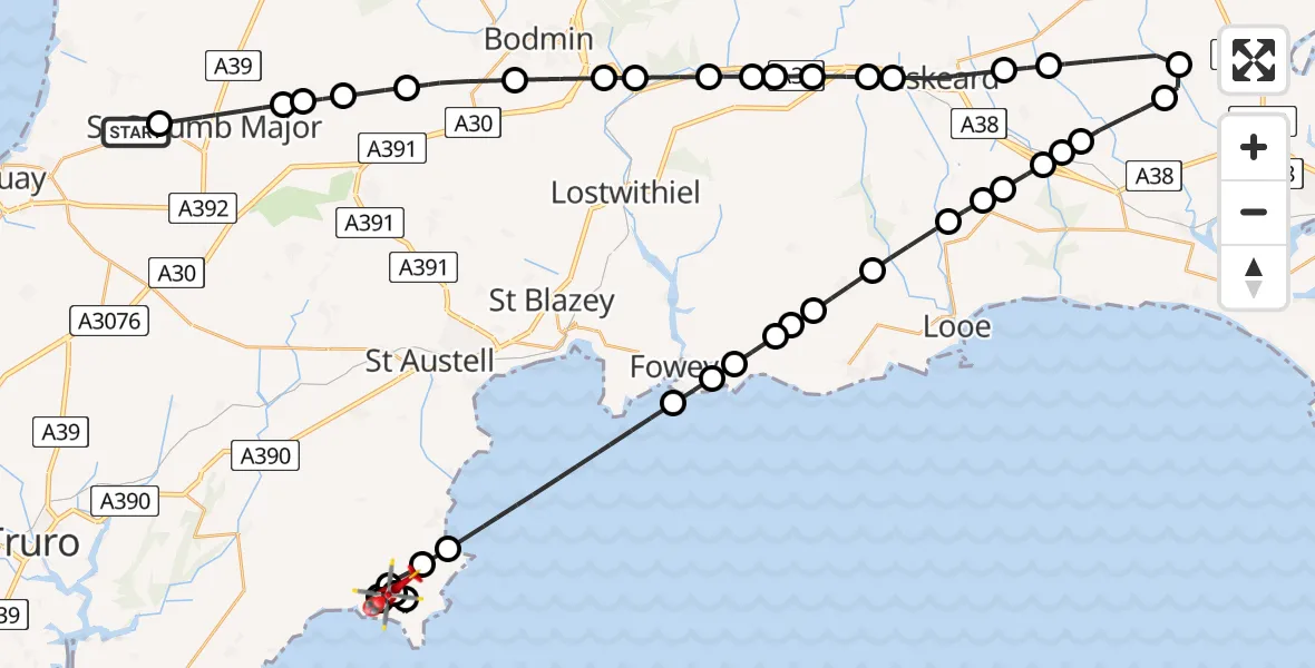 Flight route Air Ambulance Helicopter Cornwall Airport Newquay - Gorran Churchtown, 22 July 2026, 17:41