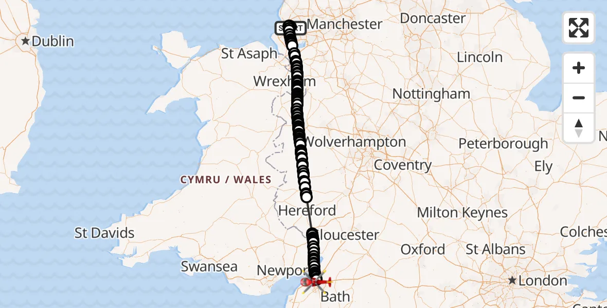 Flight route Air Ambulance Helicopter Fazakerley - Bristol, 22 July 2026, 17:44