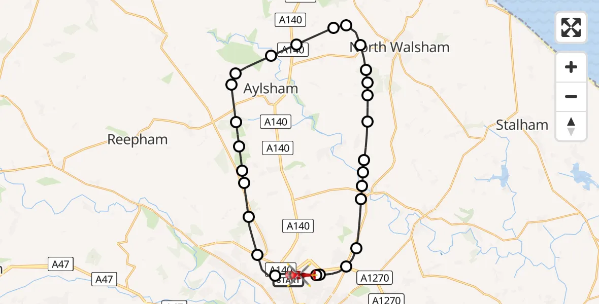Flight route Air Ambulance Helicopter Norwich Airport - Norwich Airport, 22 July 2026, 17:49
