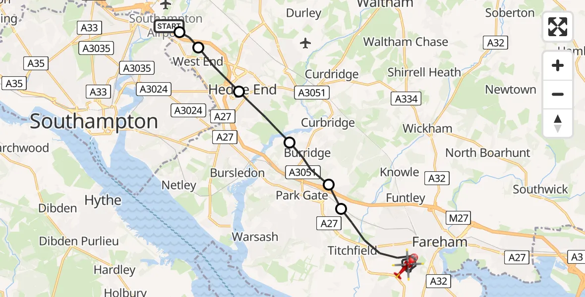 Flight route Air Ambulance Helicopter Southampton Airport - Fareham, 22 July 2026, 17:59