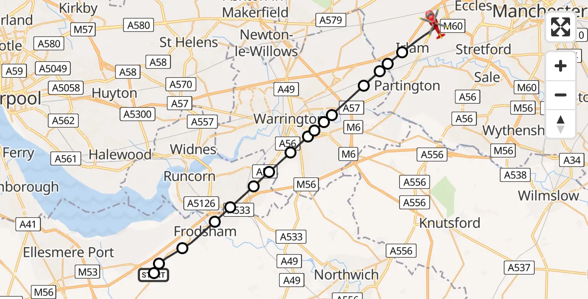Flight route Air Ambulance Helicopter Dunham on the Hill - Irlam, 22 July 2026, 18:03