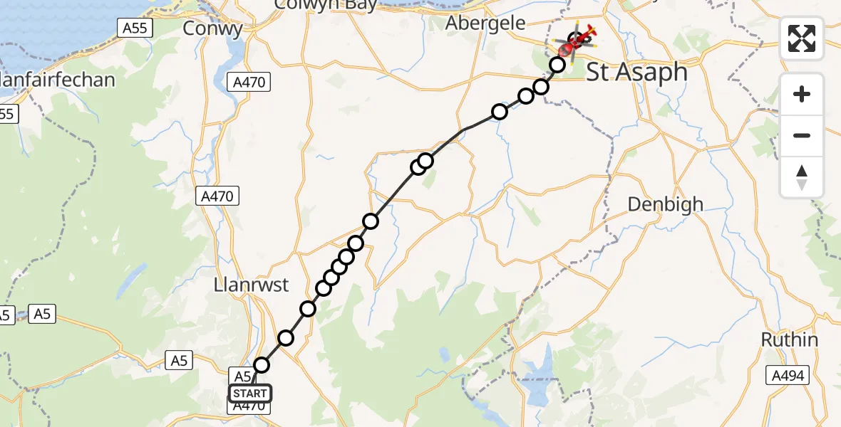 Flight route Air Ambulance Helicopter Betws-y-coed - St Asaph, 22 July 2026, 18:03
