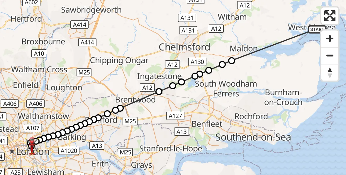 Flight route Air Ambulance Helicopter West Mersea - Royal London Hospital, 22 July 2026, 18:11