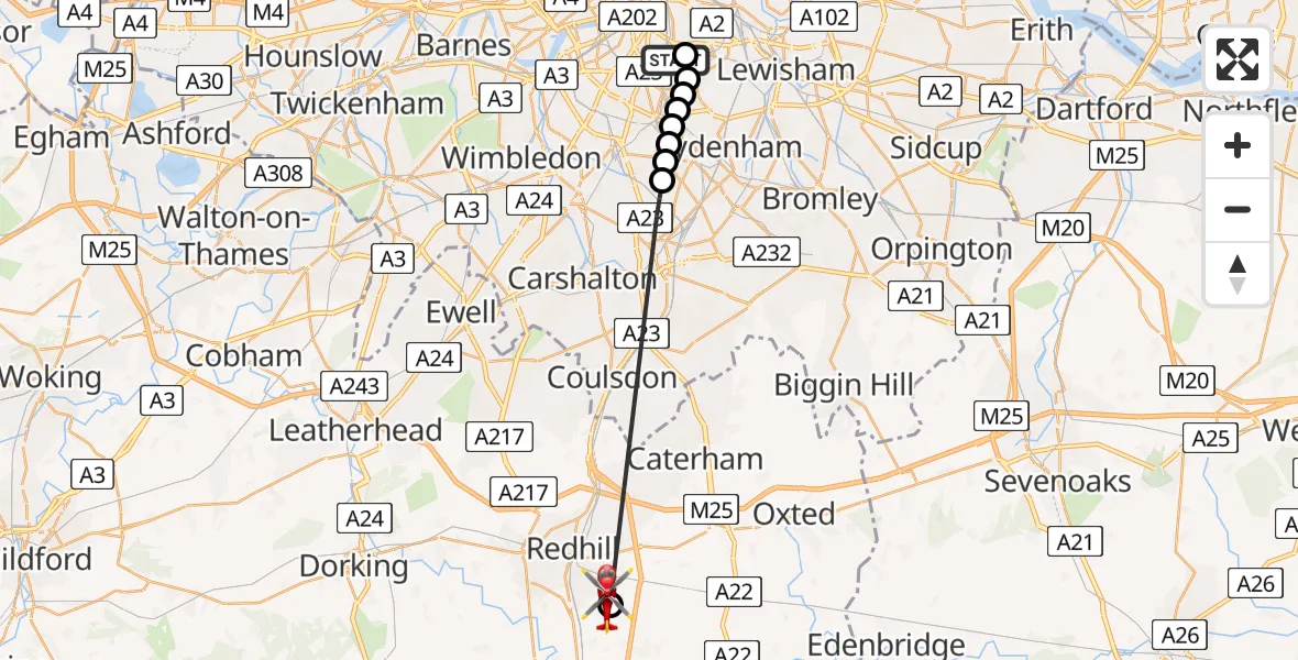 Flight route Air Ambulance Helicopter Kings College London Hospital - Redhill Aerodrome, 22 July 2026, 18:14