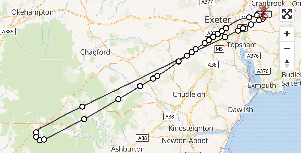 Flight route Air Ambulance Helicopter Exeter International Airport - Exeter International Airport, 22 July 2026, 18:17
