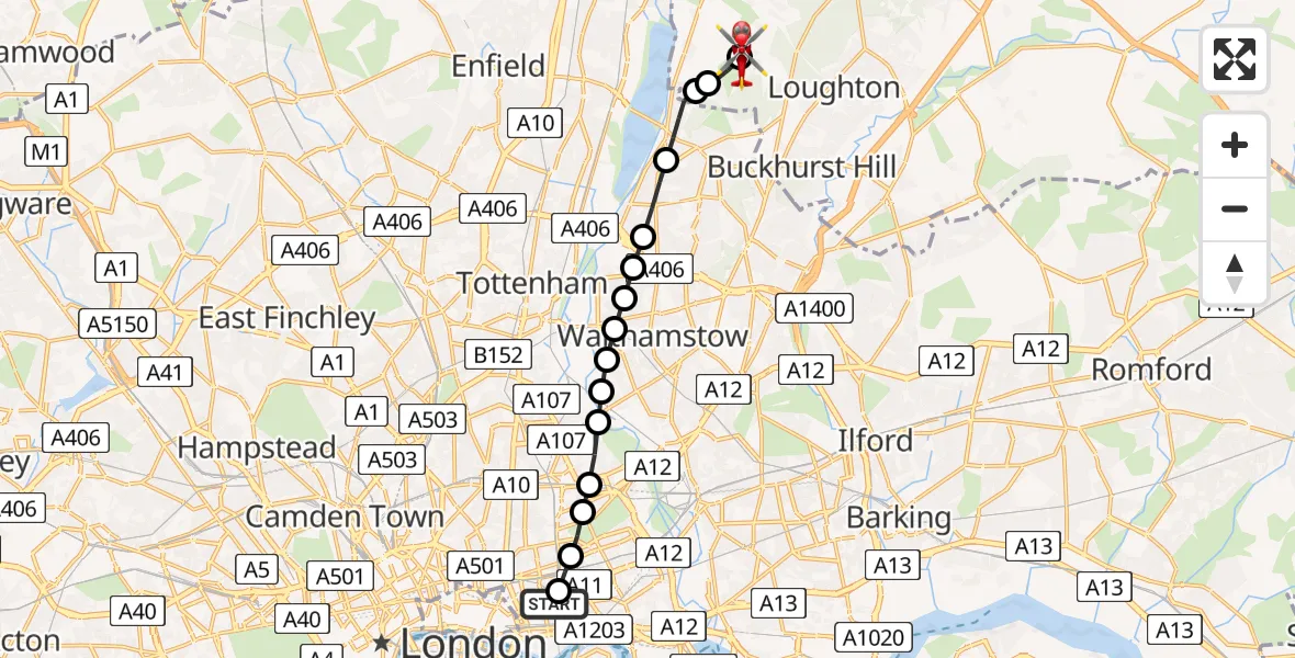 Flight route Air Ambulance Helicopter Royal London Hospital - Metropolitan Police Air Support Unit Lippitts Hill, 22 July 2026, 18:27