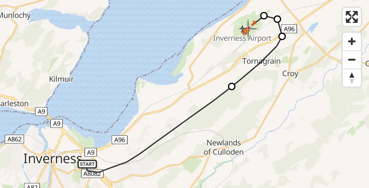 Flight route Coastguard Helicopter Inverness - Inverness Airport, 22 July 2026, 18:27