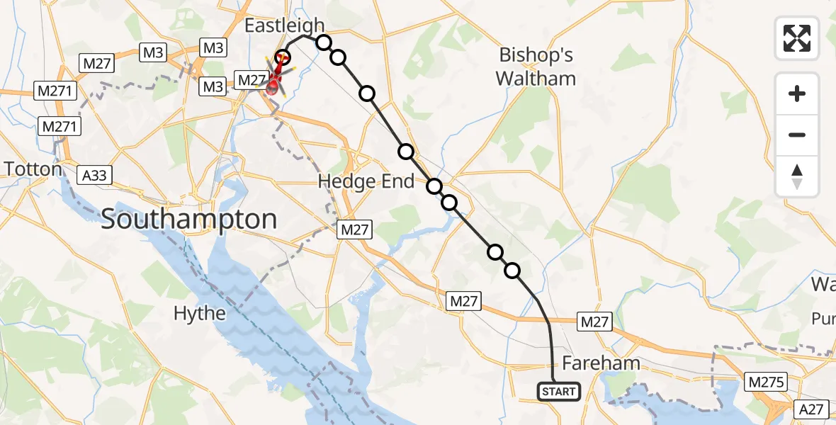Flight route Air Ambulance Helicopter Fareham - Southampton Airport, 22 July 2026, 18:43